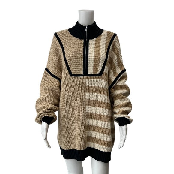 $295 Staud Tan Stripe Mock Neck Zip Hampton Sweater size L - Picture 2 of 7